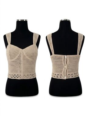 Aqua Cream Crochet Open-Weave Tank Top